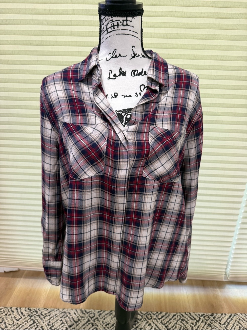 Plaid Button-Up Shirt in Red, Navy & Cream